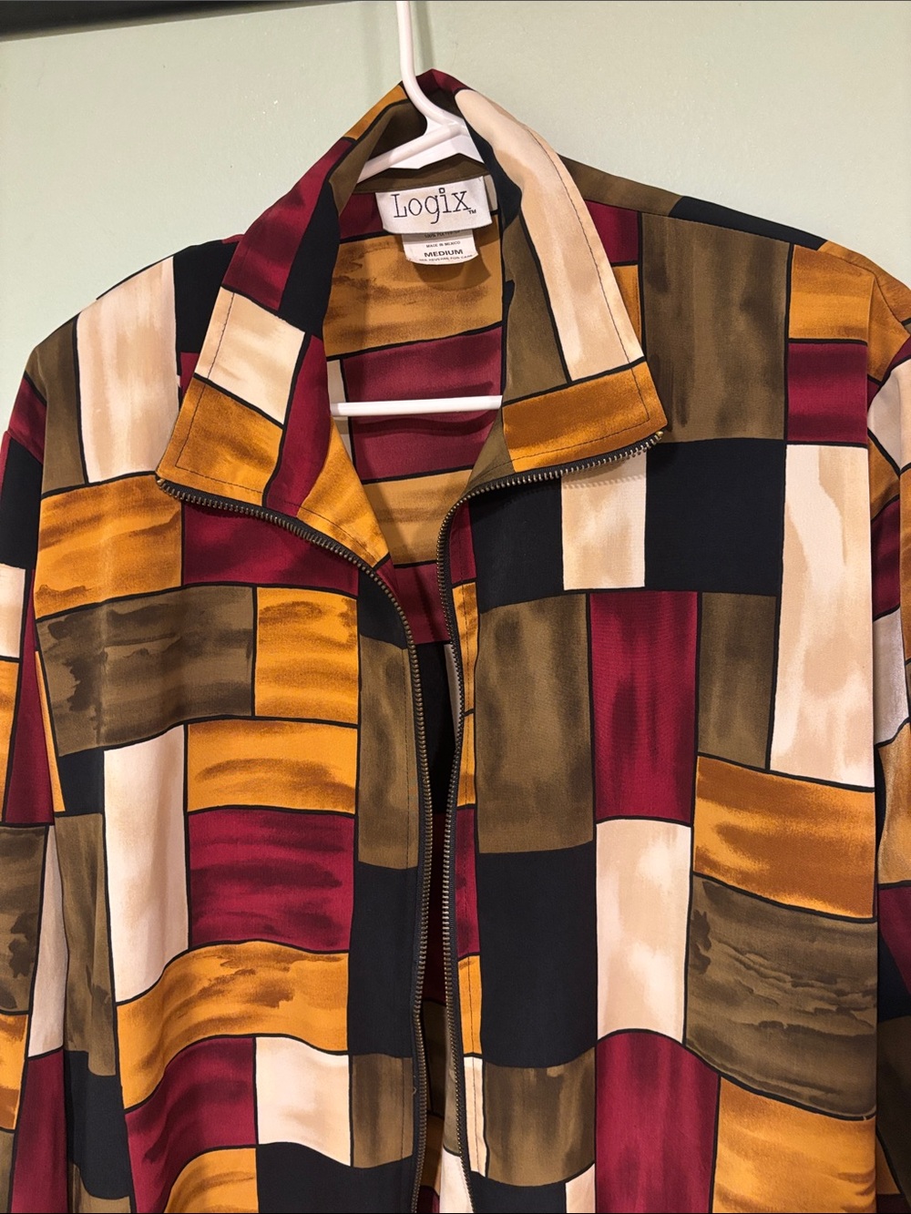 Logix Vintage Women's Fall Multi-Color Patterned Zip Colorblock 80s fashion